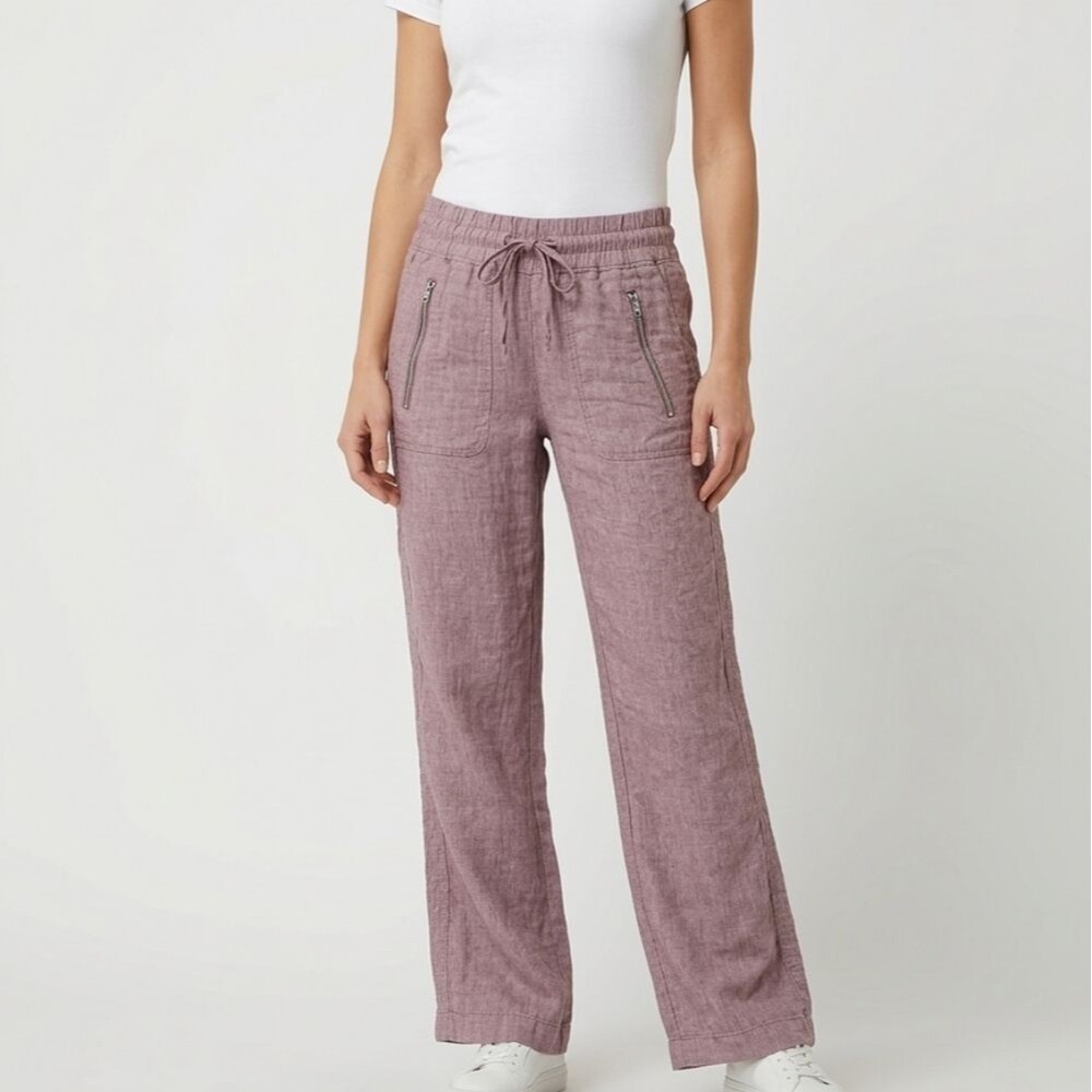 Athleta Linen Cargo Wide Leg Pants Size 0 Mauve Pink Drawstring High Rise EUC